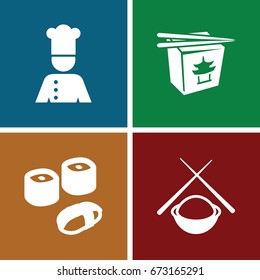 Cuisine icons set. set of 4 cuisine filled icons such as chinese fast food, chef, sushi