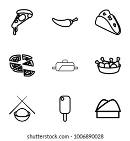 Cuisine icons. set of 9 editable outline cuisine icons such as ice cream, taco, pizza, chicken leg, pepper, chef hat, asian food