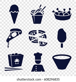 Cuisine icons set. set of 9 cuisine filled icons such as pizza, chinese fast food, chicken leg, chef, bowl