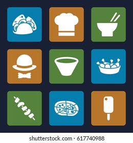 Cuisine icons set. set of 9 cuisine filled icons such as taco, asian food, chicken leg, pizza, kebab, chef hat, hat and bow, bowl