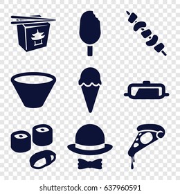 Cuisine icons set. set of 9 cuisine filled icons such as pan, pizza, chinese fast food, kebab, hat and bow, bowl, sushi
