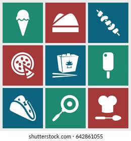 Cuisine icons set. set of 9 cuisine filled icons such as taco, chinese fast food, kebab, pizza, chef hat, chef hat and spoon, pan