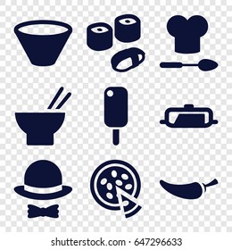 Cuisine icons set. set of 9 cuisine filled icons such as pan, asian food, pepper, pizza, hat and bow, chef hat and spoon, bowl, sushi