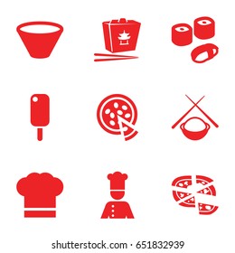 Cuisine icons set. set of 9 cuisine filled icons such as chinese fast food, pizza, chef, chef hat, bowl, sushi, asian food