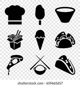 Cuisine icons set. set of 9 cuisine filled icons such as taco, pizza, noodles fast food, chef hat, bowl, asian food
