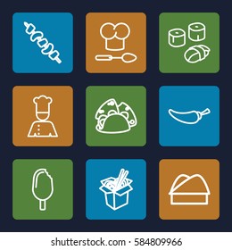 cuisine icons set. Set of 9 cuisine outline icons such as taco, noodles fast food, pepper, kebab, chef, chef hat, chef hat and spoon, sushi