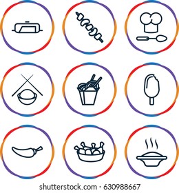 Cuisine icons set. set of 9 cuisine outline icons such as pan, chinese fast food, chicken leg, pepper, kebab, chef hat and spoon, asian food, ice cream