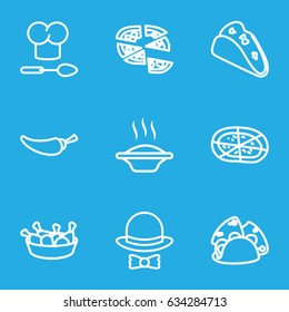 Cuisine icons set. set of 9 cuisine outline icons such as taco, pizza, chicken leg, pepper, hat and bow, chef hat and spoon