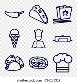 Cuisine icons set. set of 9 cuisine outline icons such as pan, taco, chinese fast food, pepper, pizza, chef, chef hat