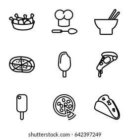 Cuisine icons set. set of 9 cuisine outline icons such as taco, pizza, asian food, chicken leg, chef hat and spoon