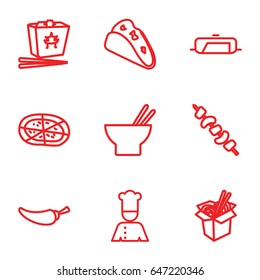 Cuisine icons set. set of 9 cuisine outline icons such as pan, taco, chinese fast food, asian food, noodles fast food, pepper, pizza, kebab