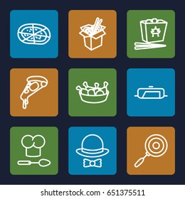 Cuisine icons set. set of 9 cuisine outline icons such as pan, pizza, chinese fast food, chicken leg, noodles fast food, hat and bow