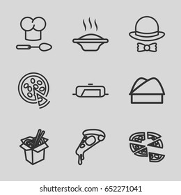 Cuisine icons set. set of 9 cuisine outline icons such as pan, pizza, noodles fast food, chef hat, hat and bow, chef hat and spoon