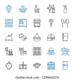 cuisine icons set. Collection of cuisine with fridge, restaurant, sauce, roast, pepper, mushroom, burger, stove, shashlik, churrasco, dinner. Editable and scalable cuisine icons.