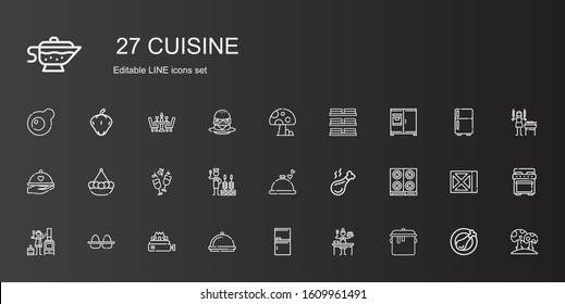 cuisine icons set. Collection of cuisine with pot, sauce, fridge, dinner, stove, eggs, chicken leg, churrasco, wine, dishes, mushroom, shashlik. Editable and scalable cuisine icons.