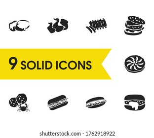 Cuisine Icons Set With New York, Montana And Minnesota Elements. Set Of Cuisine Icons And Crab Cakes Concept. Editable Vector Elements For Logo App UI Design.