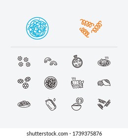 Cuisine icons set. Riccioli pasta shape and cuisine icons with pizza, stelle pasta shape and bruschetta. Set of hungry for web app logo UI design.