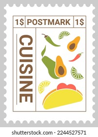 Ingredientes y frutas de la cocina, jalapeno y taco, lima y trozo de limón, guayaba y pimienta picante. Comida tradicional de México. Marca o tarjeta postal, correo y correspondencia. Vector de estilo plano