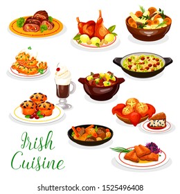 Cuisine of Ireland vector design with Irish coffee, meat and fish dishes. Vegetable stews with rabbit and lamb, baked salmon, potato pancake and red cabbage salad, beef roll, soda bread, berry cupcake svg