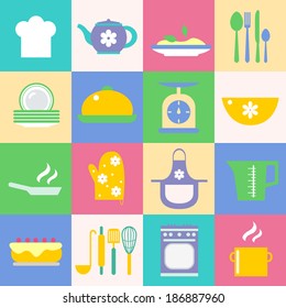 Cuisine and kitchen chef hat tea pot meal dish icons set vector illustration