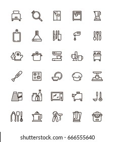 Cuisine, kitchen tools and appliances line vector icons. Restaurant cooking pictograms. Kitchen tools and utensil illustration