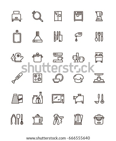 Cuisine, kitchen tools and appliances line vector icons. Restaurant cooking pictograms. Kitchen tools and utensil illustration