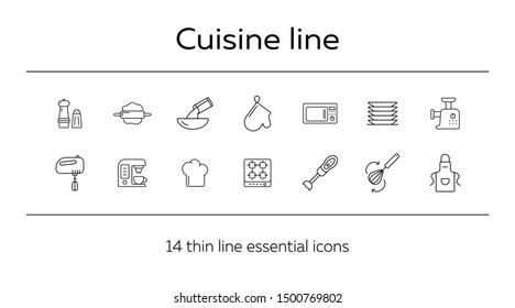 Cuisine line icons. Set of line icons. Pinafore, microwave oven, blender. Culinary concept. Vector illustration can be used for topics like restaurant business, cooking