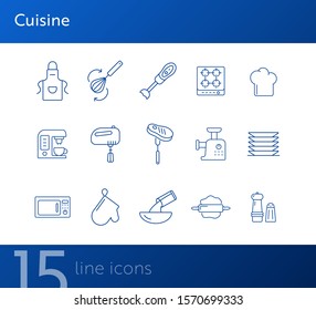 Cuisine line icons. Set of line icons. Pinafore, microwave oven, blender. Culinary concept. Vector illustration can be used for topics like restaurant business, cooking
