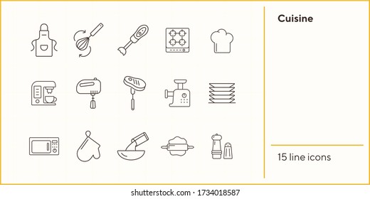 Cuisine line icons. Set of line icons. Pinafore, microwave oven, blender. Culinary concept. Vector illustration can be used for topics like restaurant business, cooking