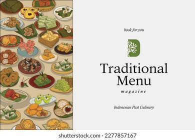 cuisine magazine cover landscape with indonesian traditional food illustration