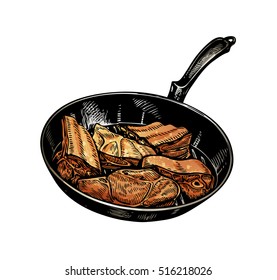 Cuisine. Pan and meat. Vector illustration