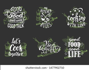 Cuisine quotes and sayings hand lettering typography, vector illustration. Vintage food labels, emblems with inspirational cooking phrases on black background.