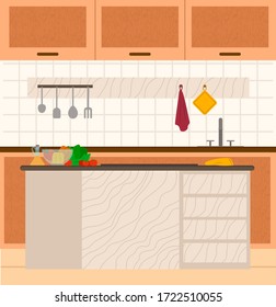 Cuisine with vegetables products bell pepper and tomato. Interior view of nobody kitchen with cutlery and towel on tile wall, wooden furniture with sink. Cooking vegetarian food at home vector