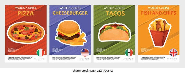 Cuisines world poster set with four isolated vertical compositions of popular street food images and text vector illustration