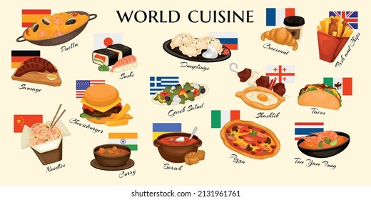 Cuisines world set with isolated icons of gourmet dishes with ornate text captions and national flags vector illustration