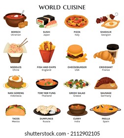 Cuisines world set with isolated images of served fastfood and gourmet dishes with editable text captions vector illustration