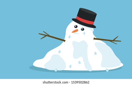 Cuite sad melting snowman with hat and tears in flat cartoon style, isolated on blue background. Vector EPS 10 illustration