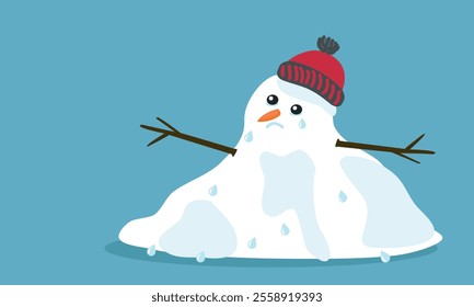 Cuite sad melting snowman with red cap and scarf and tears in flat cartoon style, isolated on blue background. Vector EPS 10 illustration. Winter frost end, spring arrival concept