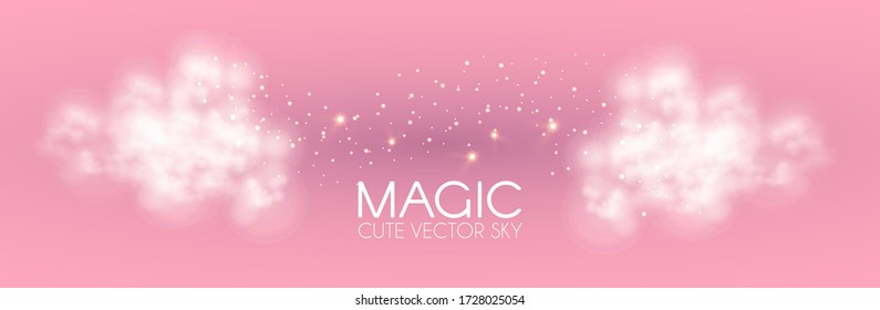 Cule clouds with gold magic glitter on pink background. Soft baby girl design. Glamour space.