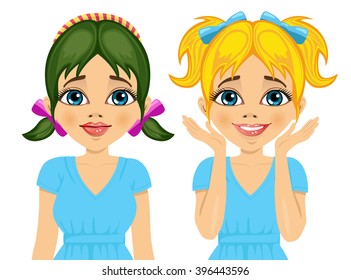 cule little girl with different hairstyles and hair color