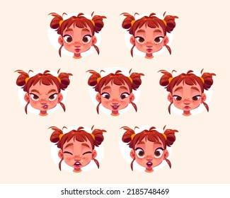 Cule little girl face with different emotions. Vector cartoon set of child portraits isolated on background. Baby girl character laugh, sad, surprise, cry and angry