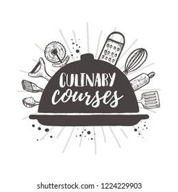 Culiary courses concept design. Hand drawn vector illustration. Can be used for badges, labels, logo, bakery, street festival, farmers market, country fair, shop, kitchen classes, cafe, food studio.