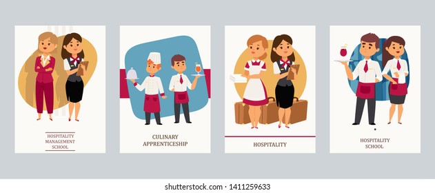 Culinary Aarts or hospitality school vector Illustration. Cards with hotel staff, meneger and assistant with notebook, chef and waiter with dishes and drinks