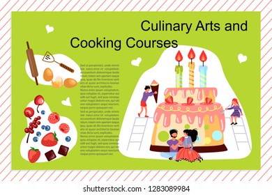 Culinary art and cooking courses Poster, banner template in flat. Happy family cooking together a cake concept. Dad, mom, daughter, son enjoys of cookery. Vector illustration eps