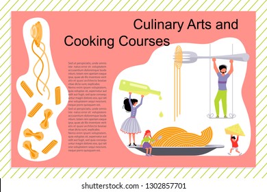 Culinary art and cooking courses Poster, banner template. Happy family cooking together a pasta concept. Dad, mom, daughter, son enjoys of cookery. Flat Art Vector illustration