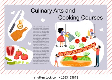 Culinary art and cooking courses Poster, banner template. Happy family cooking together a Hot Dog concept. Dad, mom, daughter, son enjoys of cookery. Flat Art Vector illustration
