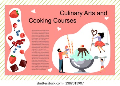 Culinary art and cooking courses Poster, banner template. Happy family cooking together a chocolate ice cream concept. Dad, mom, daughter, son enjoys of cookery. Flat Art Vector illustration