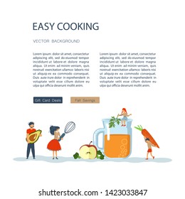 Culinary art and cooking courses Poster, banner template. Happy family cooking together a healthy green smoothie concept. Dad, mom, daughter, son enjoys of cookery. Flat Art Vector illustration