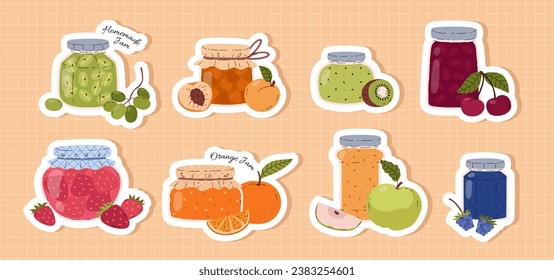 Culinary art of making homemade jam with fresh delicious fruits and berries, flat vector illustration isolated on white background. Set of stickers with jam in jars.