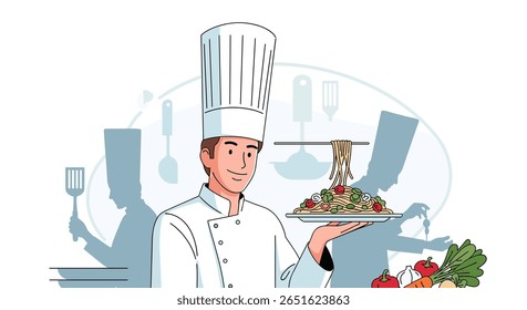O artista culinário orgulhosamente apresenta um prato de massa gourmet belamente preparado em uma bandeja em um ambiente de cozinha profissional